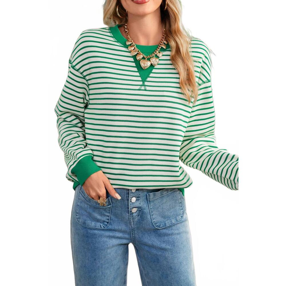 NEW SHEWIN women's striped crewneck sweatshirt in bright green stripe